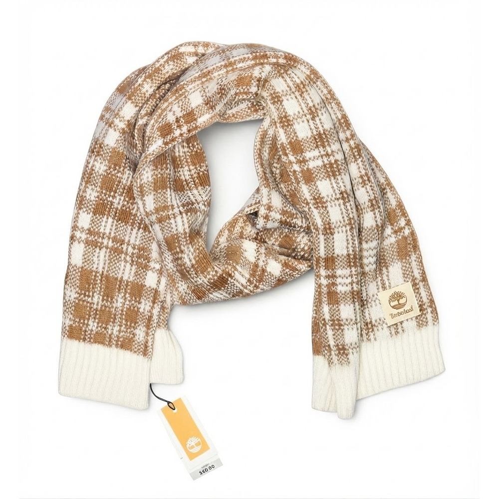Timberland Wheat Cream Plaid Knit Scarf NWT Unisex Ribbed Winter Accessory